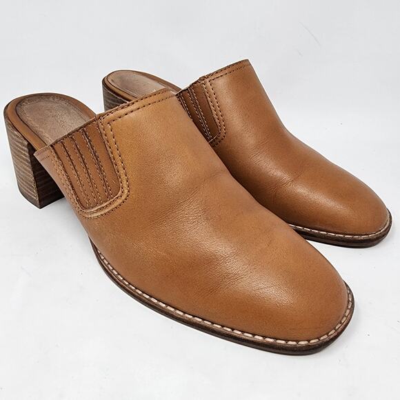 Madewell Mules Women 10 Carey Cognac Brown Leather Slip On Stacked Heel AH759 - Picture 1 of 11